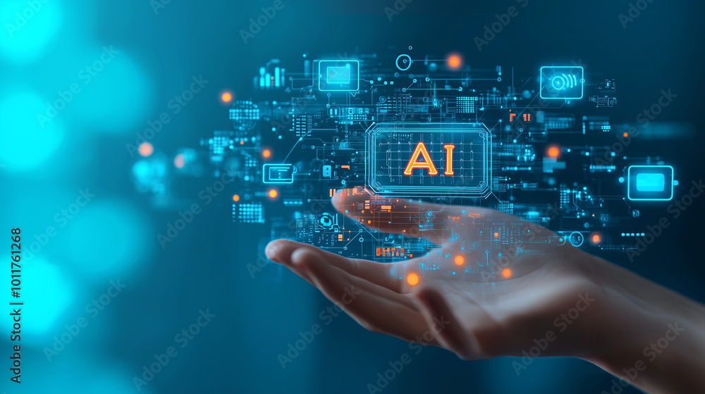 Hand holding AI and technology icon on blue background. Concept of artificial intelligence help, tools that work with AI, use of artificial intelligence to improve and enhance development. Hand holding AI and technology icon on blue background. Concept of artificial intelligence help, tools that work with AI, use of artificial intelligence to improve and enhance development.