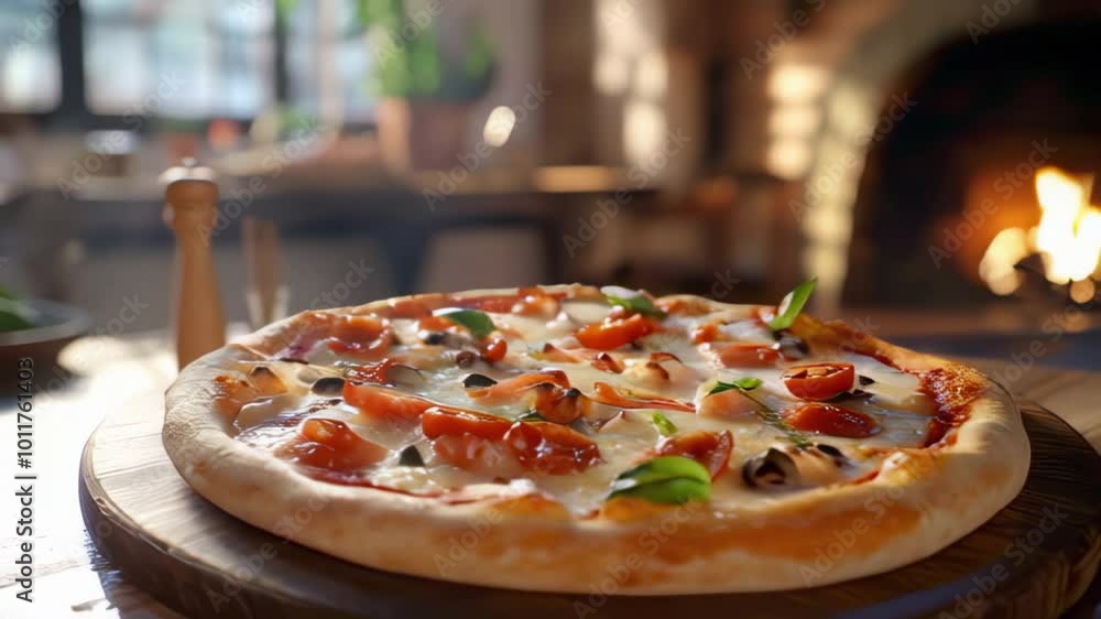 Freshly Baked Pizza with Melted Cheese Pepperoni on a Wooden Table in a Cozy Restaurant Freshly Baked Pizza with Melted Cheese Pepperoni on a Wooden Table in a Cozy Restaurant