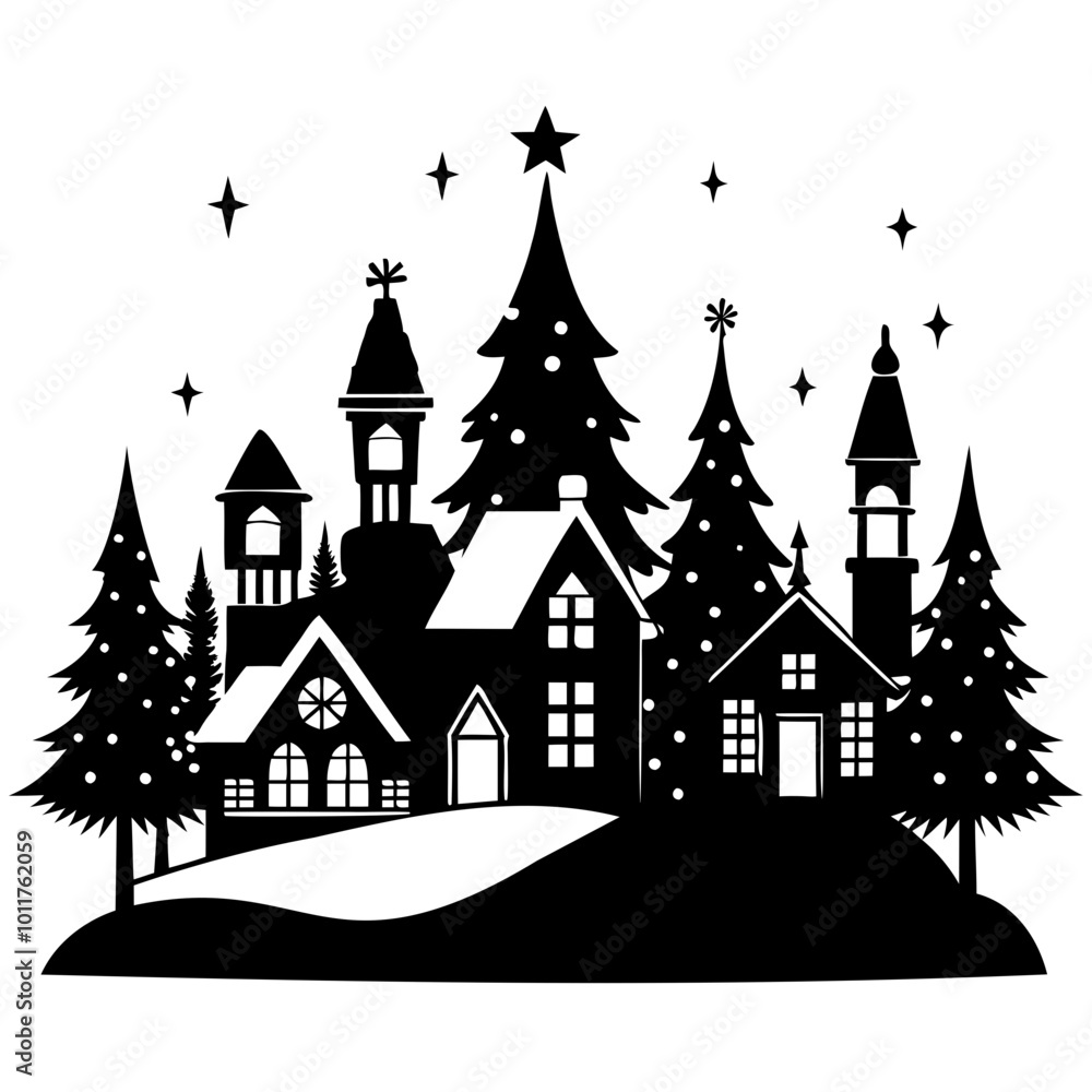 Christmas village tree with house and snow Black Silhouette vector illustration on white background Christmas village tree with house and snow Black Silhouette vector illustration on white background