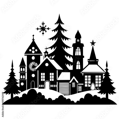 Christmas village tree with house and snow Black Silhouette vector illustration on white background