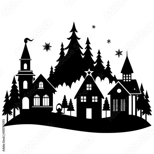 Christmas village tree with house and snow Black Silhouette vector illustration on white background