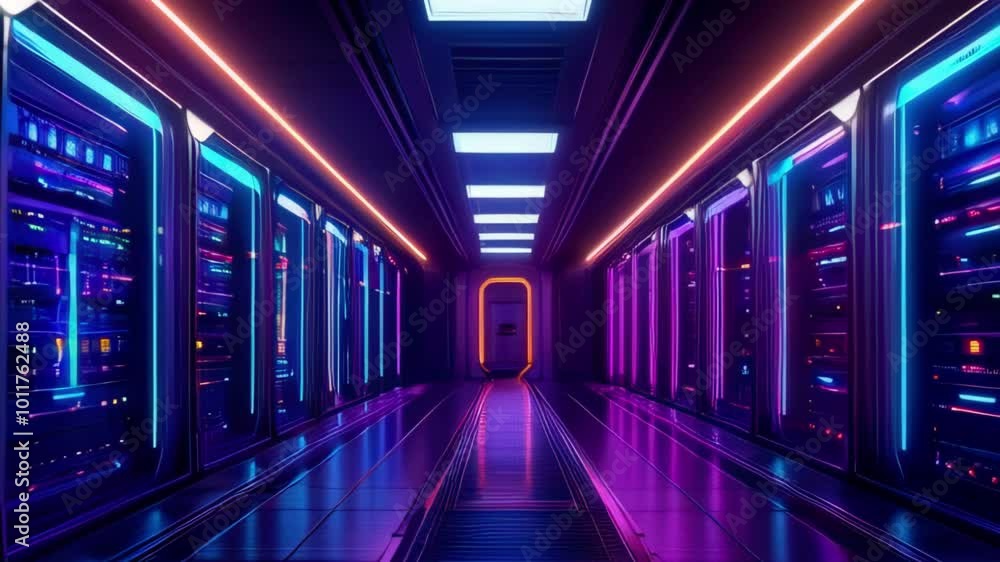 Futuristic Data Center Corridor with Neon Lights Rows of Server Racks Futuristic Data Center Corridor with Neon Lights Rows of Server Racks