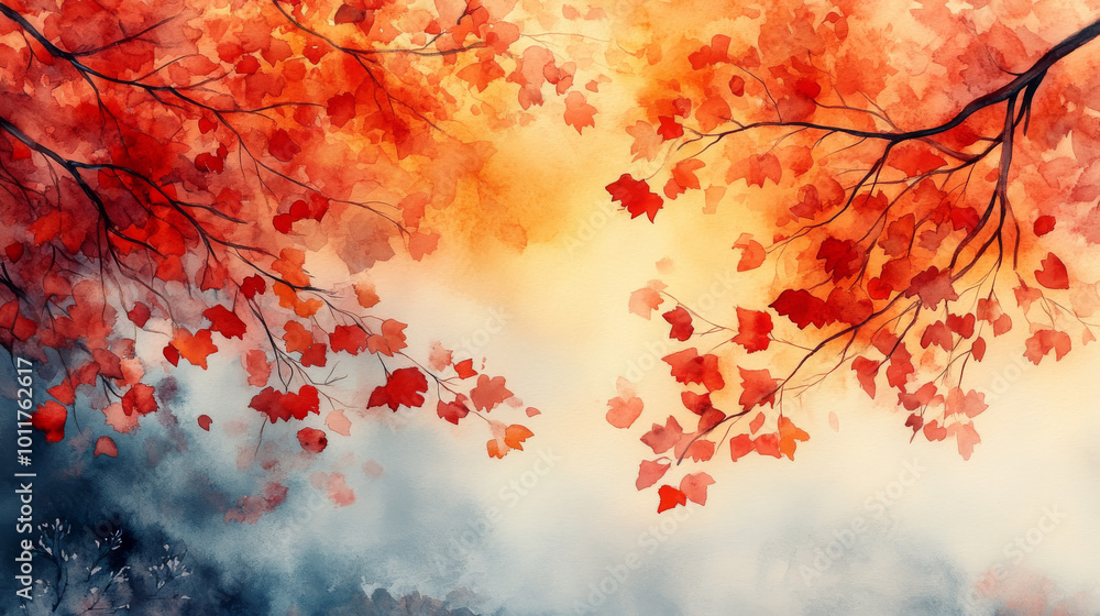 Watercolor painting of red autumn leaves on branches. Watercolor painting of red autumn leaves on branches.