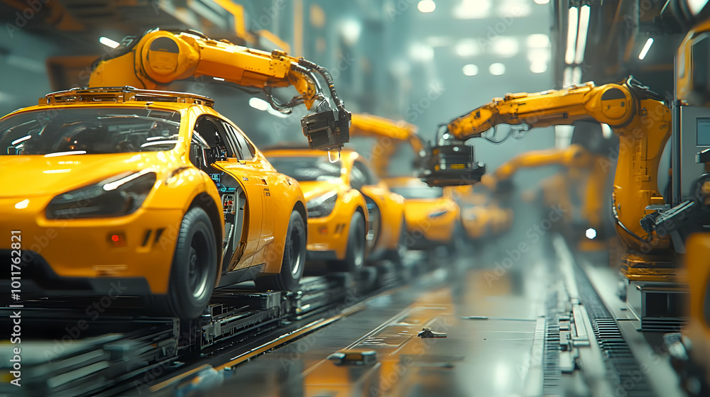Yellow Car On An Assembly Line With Robotic Arms 3D Illustration Yellow Car On An Assembly Line With Robotic Arms 3D Illustration