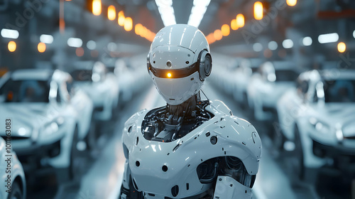 Wallpaper Mural Futuristic White Robot in Factory Setting - 3D Illustration Torontodigital.ca