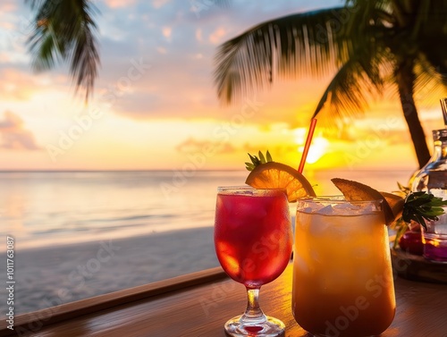 luxurious beach resort at sunset colorful summer cocktails in foreground, with tropical ocean and palm trees creating idyllic backdrop. warm lighting enhances vacation atmosphere. photo