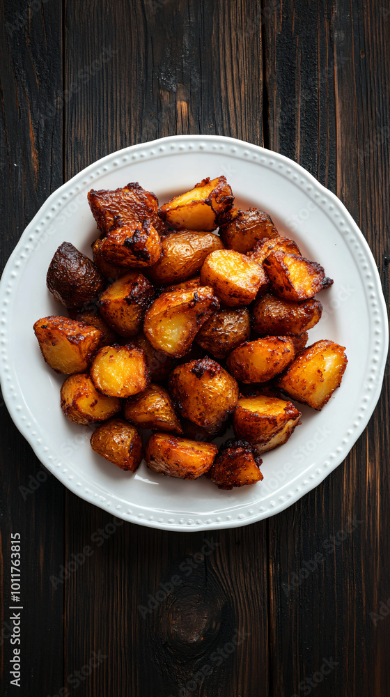 Mound of roasted potatoes on a white plate against a rustic wooden table backdrop Mound of roasted potatoes on a white plate against a rustic wooden table backdrop