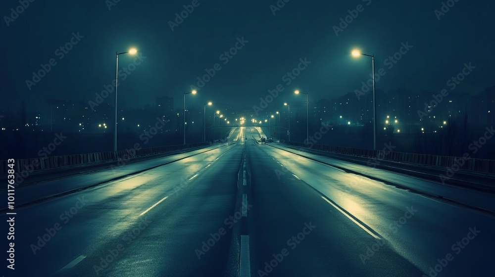 Nighttime Highway with City Lights in the Background. AI generated illustration Nighttime Highway with City Lights in the Background. AI generated illustration