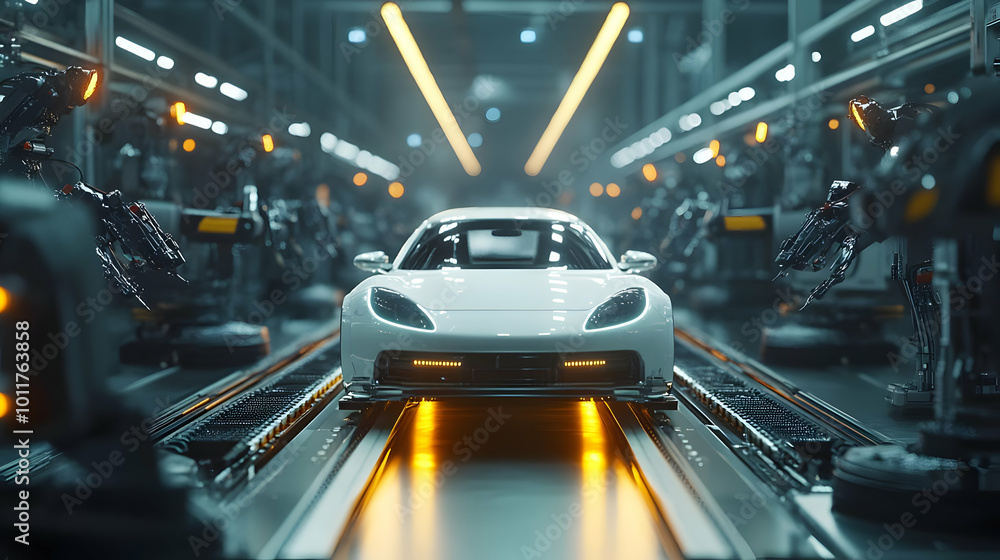 Fototapeta premium Futuristic Car Assembly Line 3D Illustration