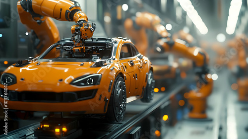 Orange Car Being Assembled by Robotic Arms in Factory - 3D Illustration