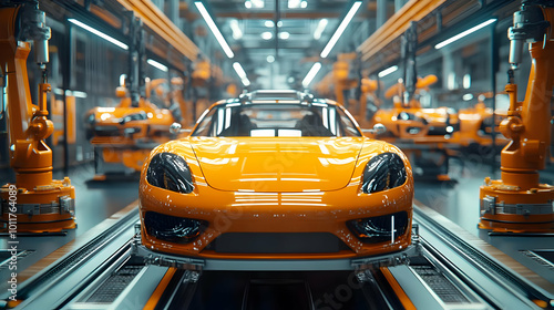 Orange Car Production Line - 3D Illustration