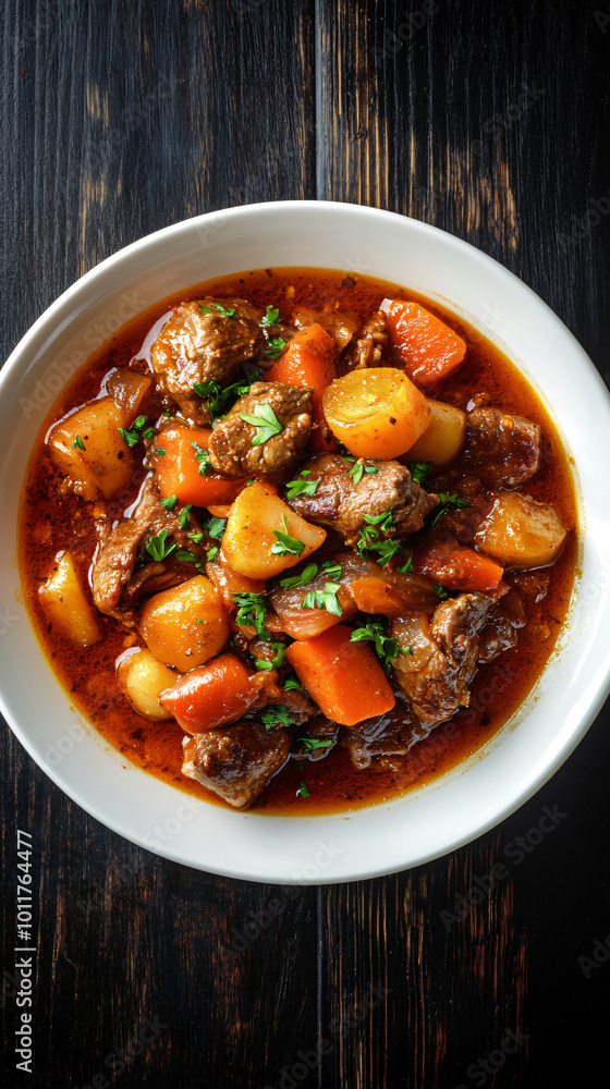 Savor a delicious beef stew in a white bowl, with tender beef, potatoes, carrots, and a flavorful gravy Savor a delicious beef stew in a white bowl, with tender beef, potatoes, carrots, and a flavorful gravy