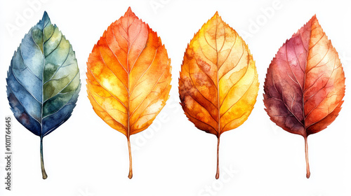 Four watercolor leaves in shades of blue, orange, yellow, and red.