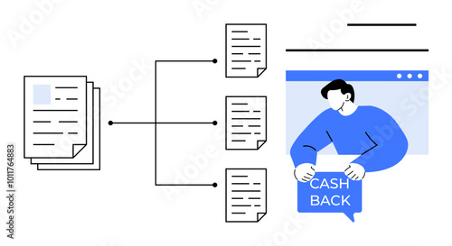 Man holding a cashback sign next to a chart illustrating a document organization process. Ideal for financial management, cashback offers, organized workflow, online transactions, business