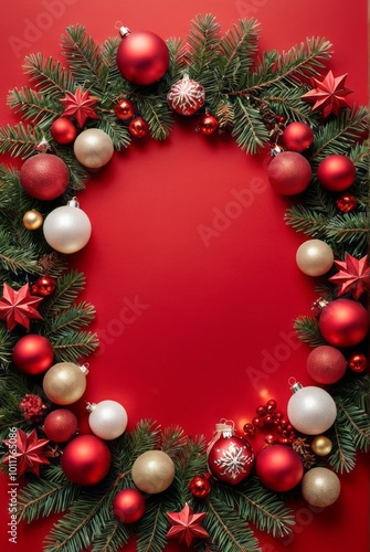 Frame of christmas decoration on red background top view christmas background Ultra realistic Photorealistic picturesque scenery