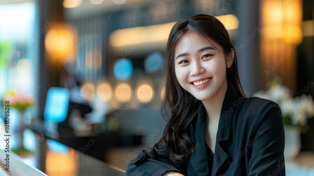 A woman is smiling and posing for a picture in a hotel lobby A woman is smiling and posing for a picture in a hotel lobby