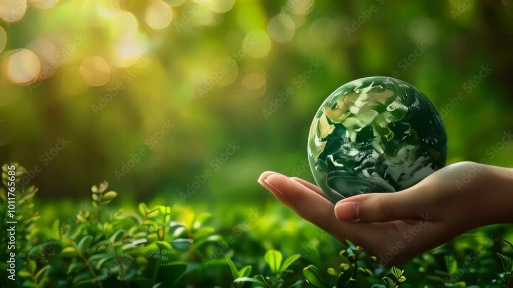 Close-Up of a Hand Holding a Small Earth Model Above Green Plants Symbolizing Environmental Care and Global Responsibility Close-Up of a Hand Holding a Small Earth Model Above Green Plants Symbolizing Environmental Care and Global Responsibility