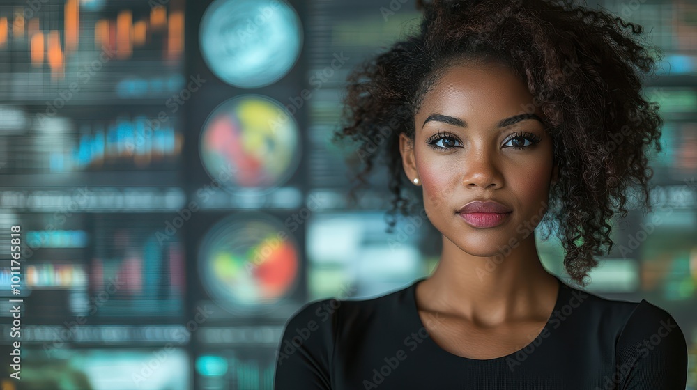 Confident African American Woman in Front of Data Analytics Display Confident African American Woman in Front of Data Analytics Display
