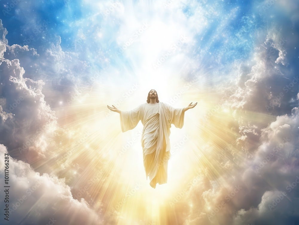 majestic ascension of christ, celestial light beams, heavenly clouds, transcendent spiritual energy majestic ascension of christ, celestial light beams, heavenly clouds, transcendent spiritual energy