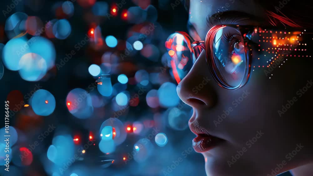 Close-Up of a Woman Wearing Reflective Glasses with City Lights Creating a Futuristic Urban Atmosphere Close-Up of a Woman Wearing Reflective Glasses with City Lights Creating a Futuristic Urban Atmosphere