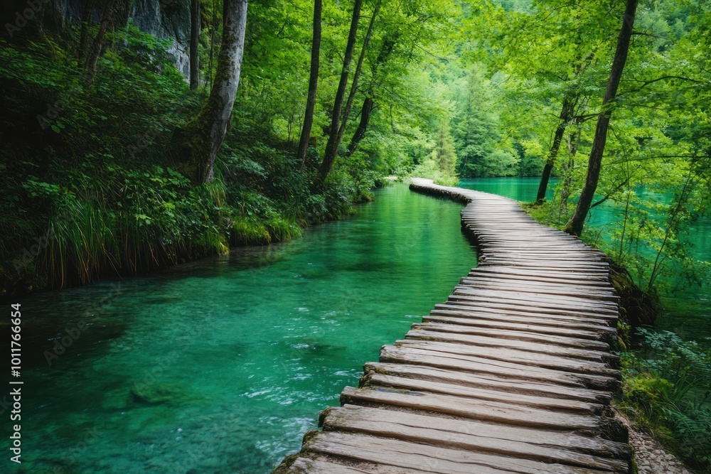 Obraz premium Vibrant Green Pathway Through Lush Forest
