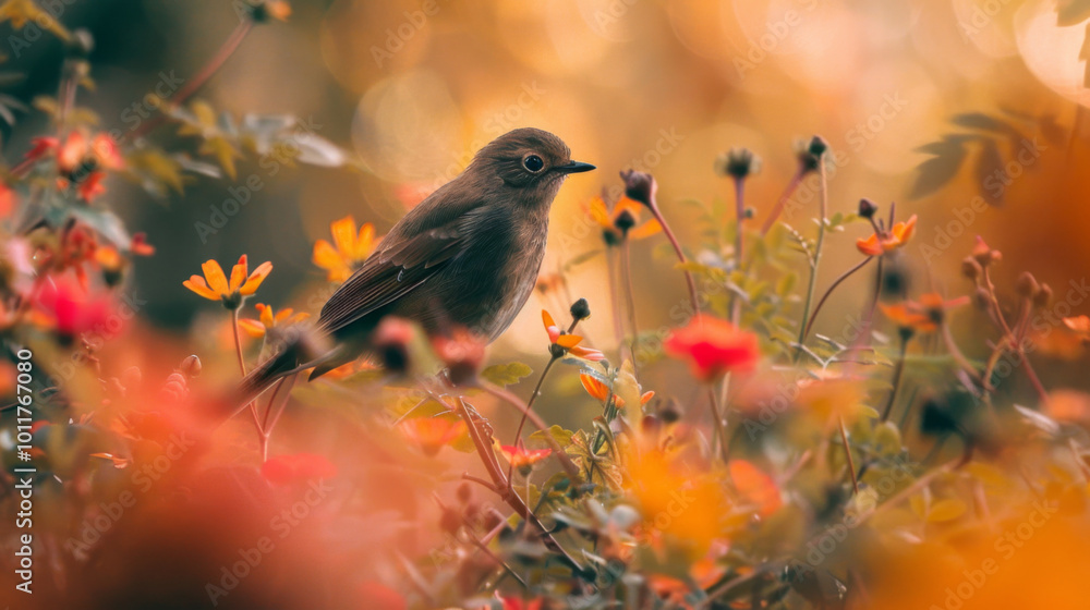 Bird among fall flowers in meadow Bird among fall flowers in meadow