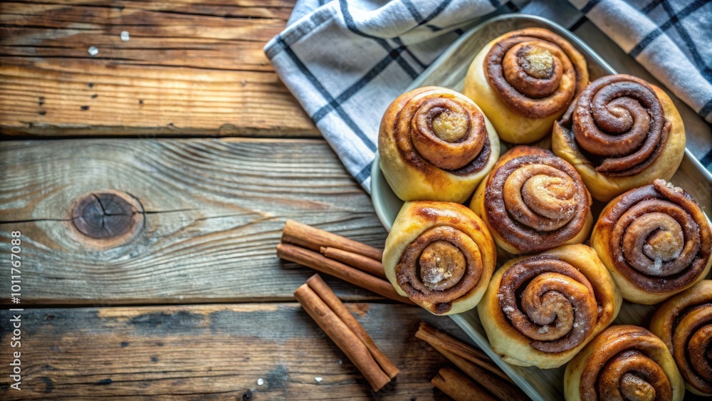 A stack of cinnamon rolls with a golden-brown crust, placed on a rustic wooden table, accompanied by cinnamon sticks. A stack of cinnamon rolls with a golden-brown crust, placed on a rustic wooden table, accompanied by cinnamon sticks.
