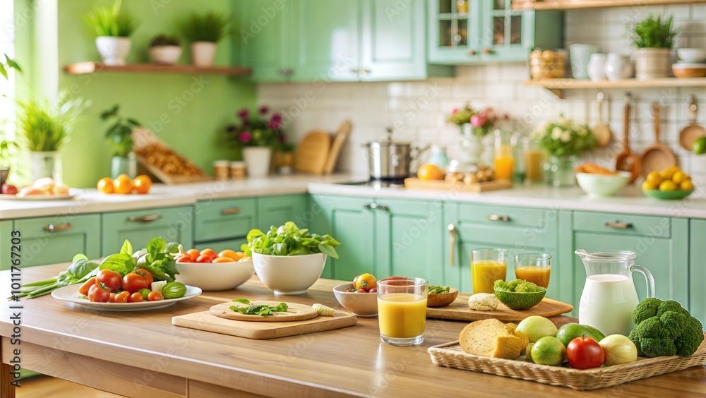 Healthy meal at pastel green kitchen cozy design Healthy meal at pastel green kitchen cozy design
