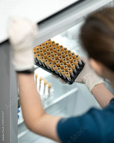 Obraz na plátně Gloved physician arranges vials of blood plasma in clinical refrigerator in laboratory