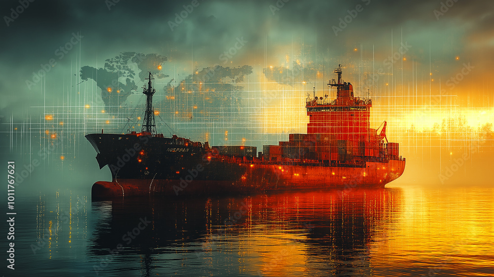 I technology enhances global logistics for international delivery, using a world map to manage supply chains and container ship networks for export-import processes, Ai I technology enhances global logistics for international delivery, using a world map to manage supply chains and container ship networks for export-import processes, Ai