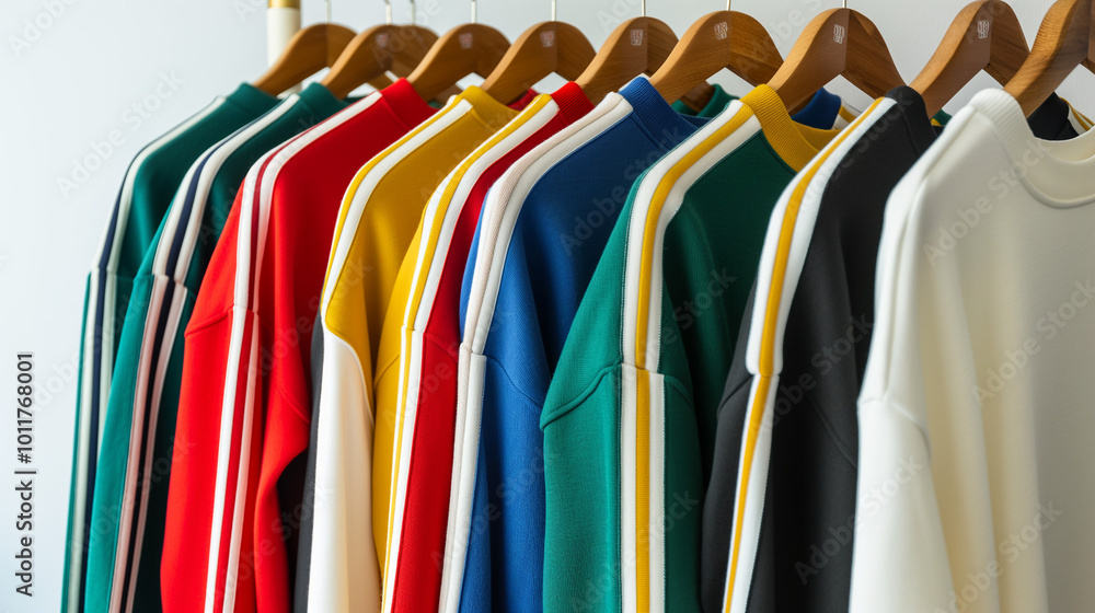 A collection of colorful sweaters hanging on wooden hangers in a bright, well-lit clothing store A collection of colorful sweaters hanging on wooden hangers in a bright, well-lit clothing store