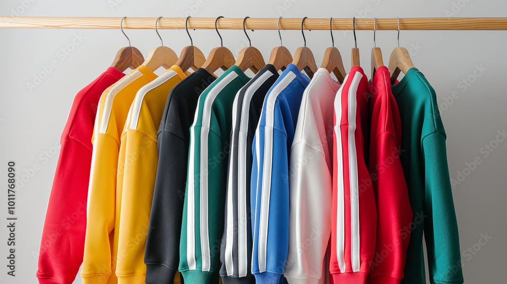 A colorful display of hooded sweatshirts hanging on wooden hangers in a retail store setting, showcasing various vibrant colors and styles A colorful display of hooded sweatshirts hanging on wooden hangers in a retail store setting, showcasing various vibrant colors and styles