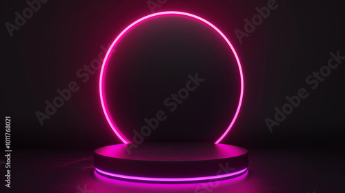 A glowing pink circular stage with neon lights shines brightly against a dark background in a modern gallery space