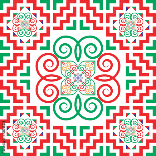 The design of the pattern imitates the ethnic embroidery of the Hmong tribe. It has a unique pattern in green and red tones for use in designing clothes, blankets, wallpaper, and tiles.