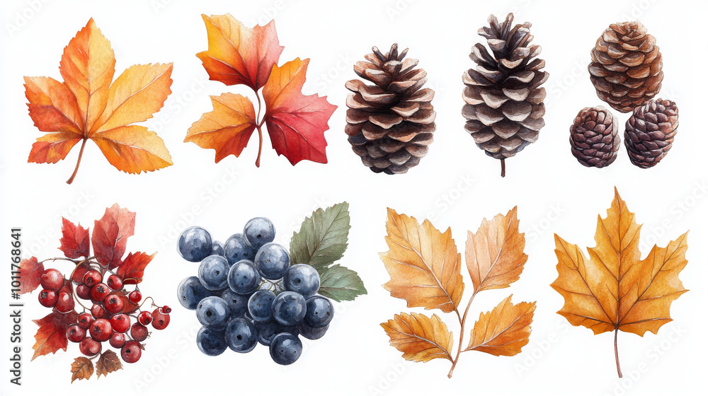 Naklejka premium Watercolor illustration of fall leaves, berries, and pine cones.