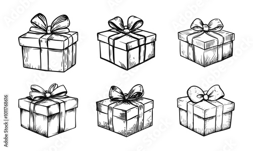 Set of beautiful carton box decorated with ribbon and bow as a happy birthday gift black isolated on white. Hand drawn vector sketch illustration in doodle engraved vintage line art style. Christmas

