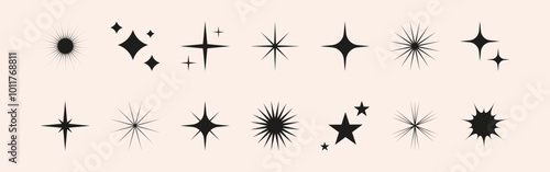 Set of shiny sparkle, star and sun shapes. Abstract vector glow, explosion and blink effects for celebrate party design. Twinkle glitter and flash graphic elements. Isolated illustrations.