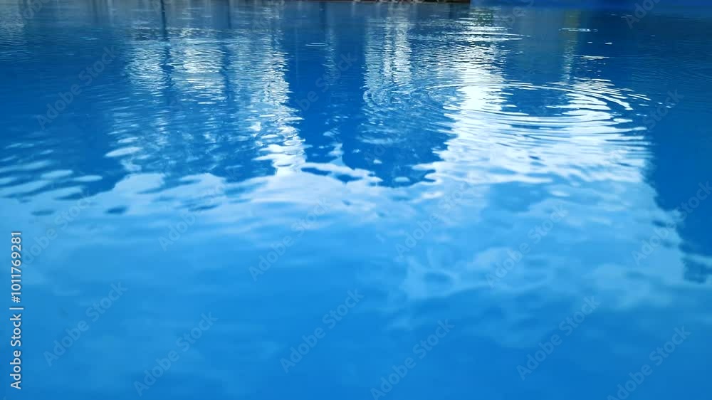 Raindrops fall into the blue pool.