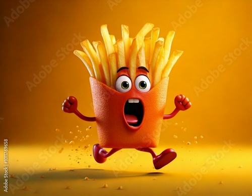 Cute Cartoon French Fry Character Running Scared photo