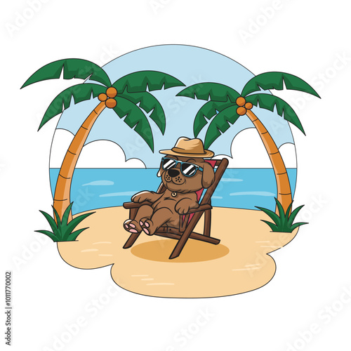vector illustration of a dog sitting on a chair enjoying the beautiful beach