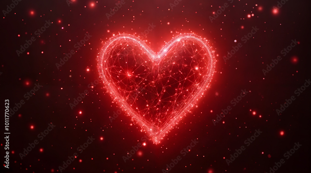 Red glowing heart made of a digital network with connected nodes Red glowing heart made of a digital network with connected nodes