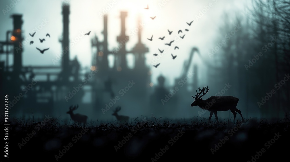 A misty scene featuring silhouettes of deer in a foreground with an industrial backdrop and birds soaring above, creating a contrast between nature and industry. A misty scene featuring silhouettes of deer in a foreground with an industrial backdrop and birds soaring above, creating a contrast between nature and industry.