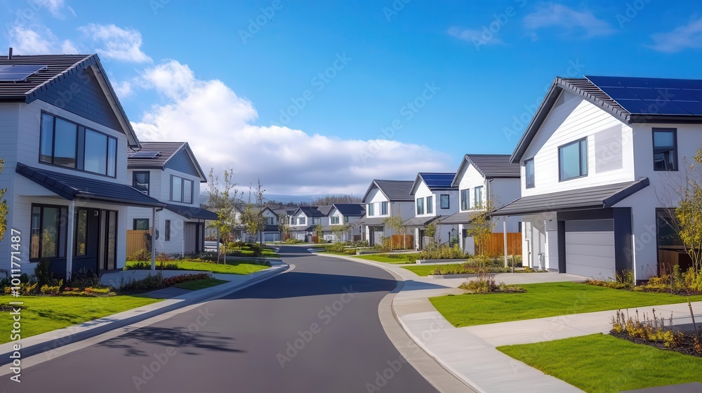 sustainable suburban development rows of newly built homes with sleek solar panel roofs. bright blue sky and green lawns convey eco-friendly, forward-thinking community design. sustainable suburban development rows of newly built homes with sleek solar panel roofs. bright blue sky and green lawns convey eco-friendly, forward-thinking community design.