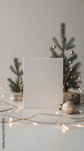 Christmas greeting card mockup with tree branches and christmas light aesthetic decorations. Vertical image.