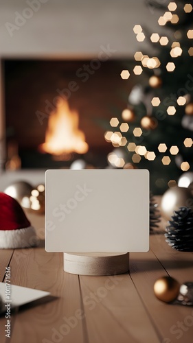 Blank greeting card mockup with christmas tree and fireplace on wooden table. Vertical image.