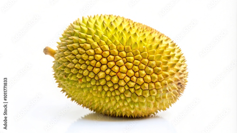 A whole durian fruit with a spiky green rind on a white background. A whole durian fruit with a spiky green rind on a white background.