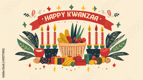 Happy Kwanza. Holiday African symbols with lettering on white background. photo