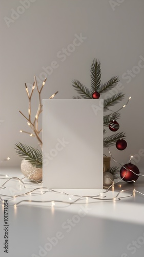 Blank card mockup with christmas decorations on white background. Aesthetic elegant scene.