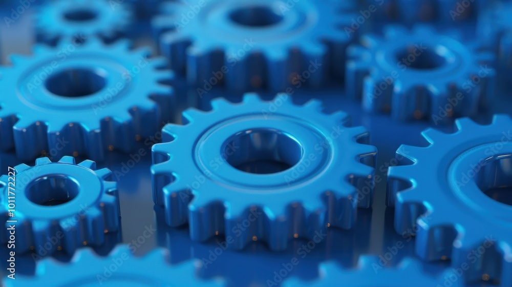 Macro shot of blue metallic gears interlocking, representing teamwork, mechanical processes, and precision engineering, with a focus on detailed textures. Macro shot of blue metallic gears interlocking, representing teamwork, mechanical processes, and precision engineering, with a focus on detailed textures.