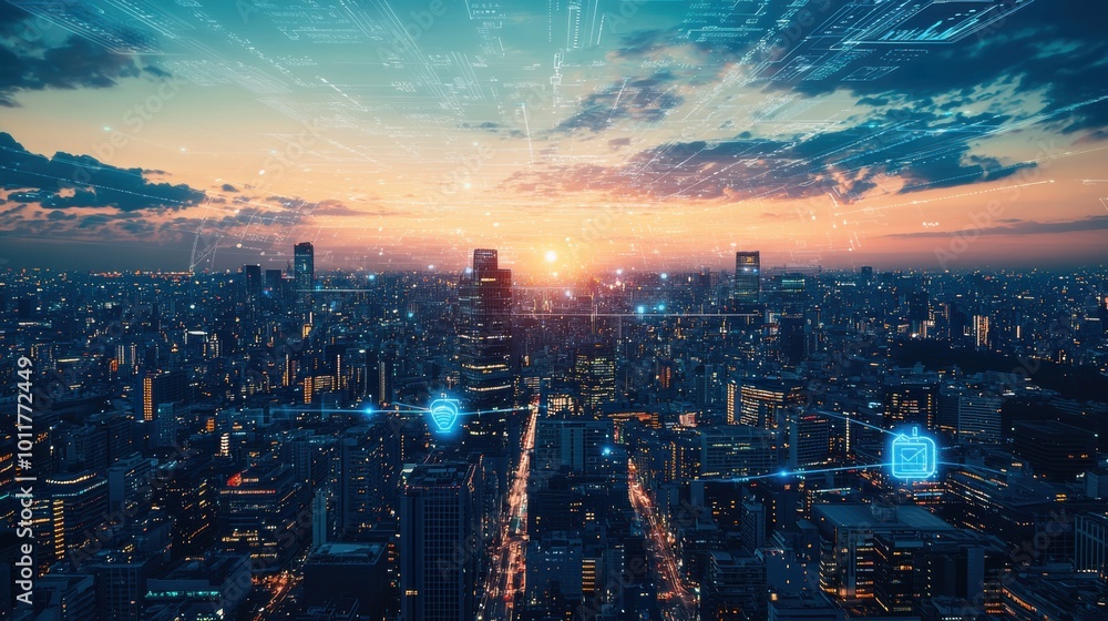 Obraz premium Stunning Sunset Cityscape with Towering Skyscrapers and Glowing Illuminations